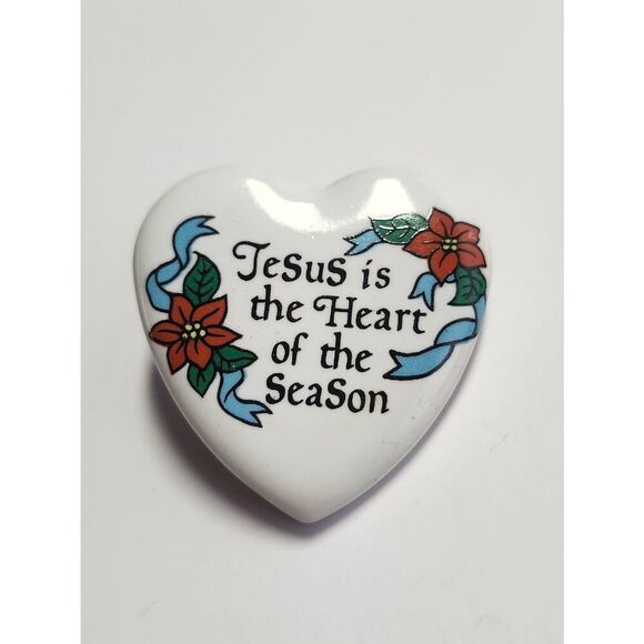 No Brand Jewelry - VTG Ceramic Jesus Is The Heart Of The Season Lapel Pin Brooch HOL Signed 1994